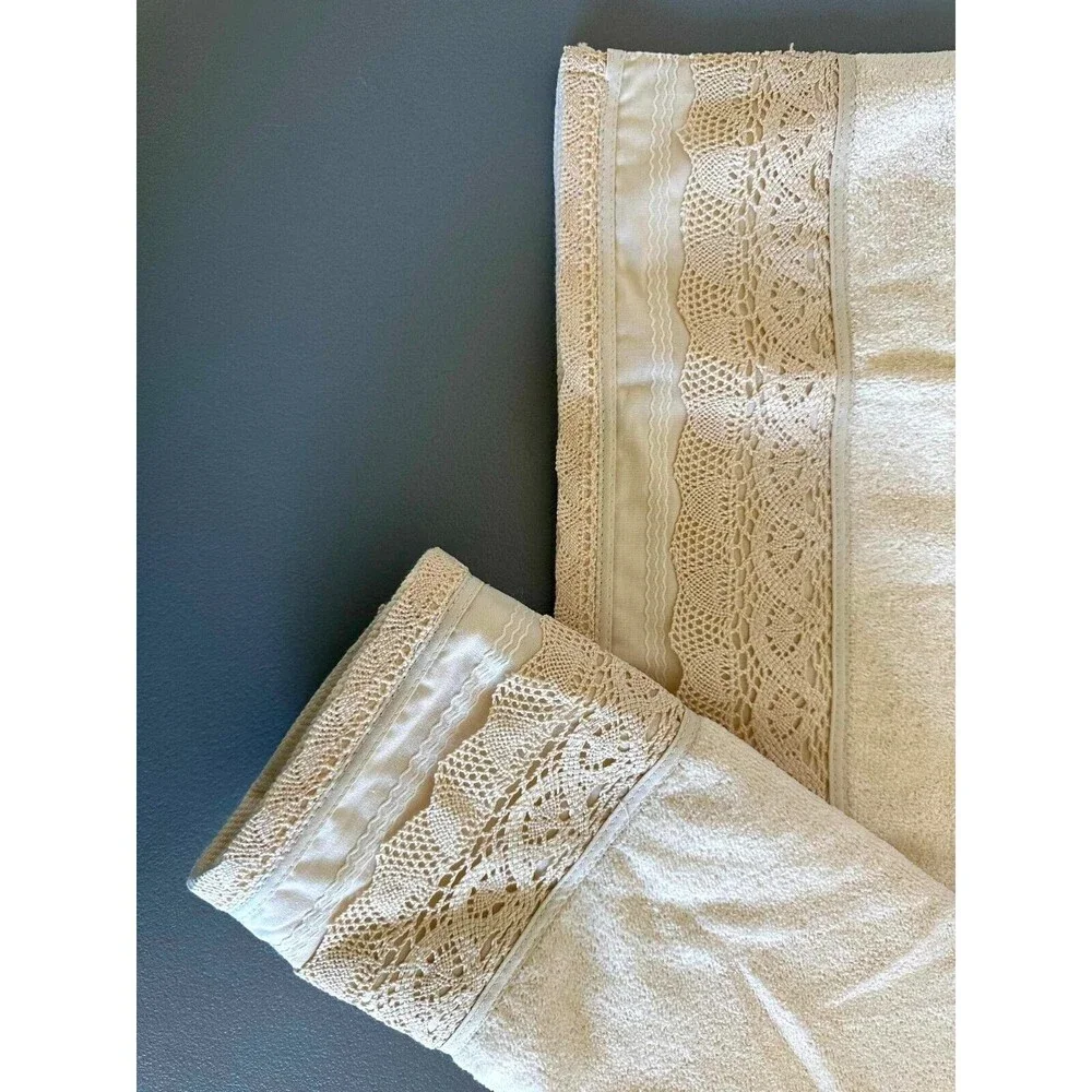 Vintage Hand Towel Set Teal With Lace With Embroidered Detail After Bath Luxury